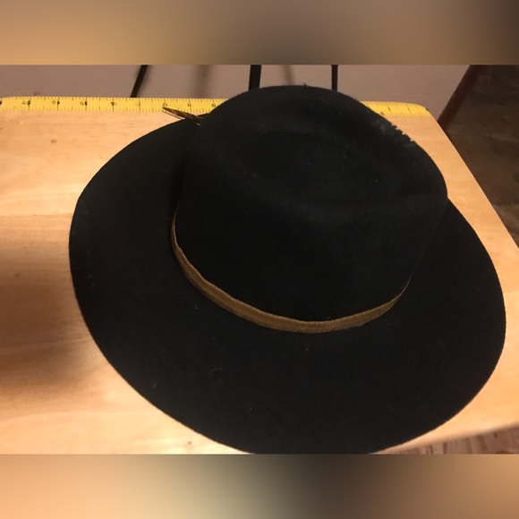 100% wool black rancher hat upcycled  golden ribbon button and feather. - Picture 2 of 3